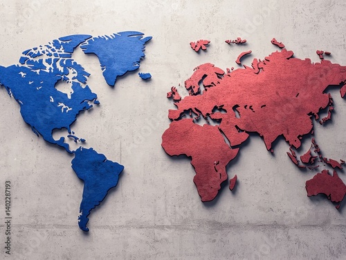 Colorful World Map in Red and Blue Design on Concrete Background Art for Modern Decor