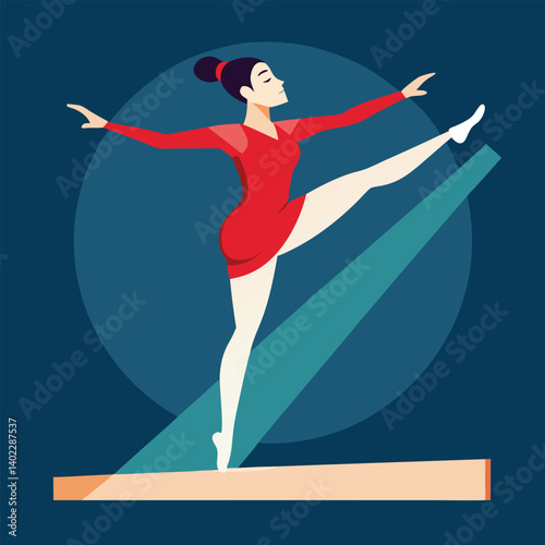 Gymnast performing an elegant balance pose on a beam in vector art 