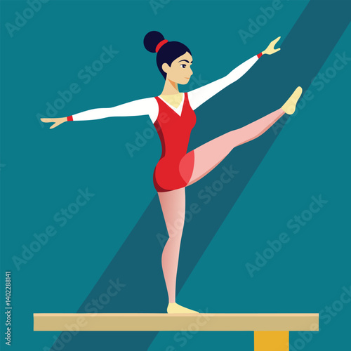 Gymnast performing an elegant balance pose on a beam in vector art 