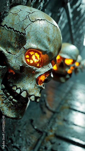 Intricate Skulls with Glowing Orange Eyes in Dark, Industrial Environment with Eerie Atmosphere
