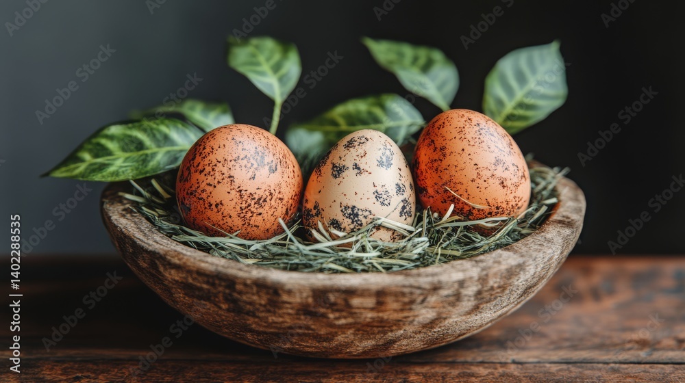 Three speckled easter eggs nestled in a wooden bowl filled with hay.