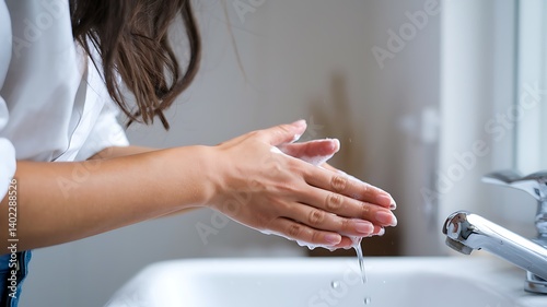 Close-Up of Woman Washing Hands with Soap and Water in Bathroom – Hygiene, Health Care, Virus Prevention, and Handwashing photo