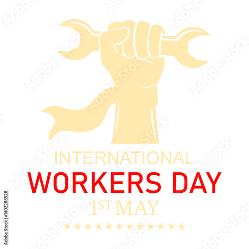 International workers day 1st May banner, worker hand holding wrench