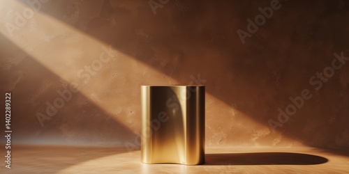 Gold pedestal illuminated by spotlights on brown backdrop