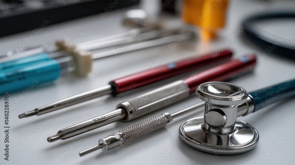 Professional Medical Tools Arranged on Examination Table Professional Medical Tools Arranged on Examination Table