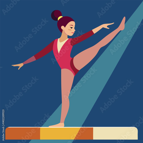 Gymnast performing an elegant balance pose on a beam in vector art 