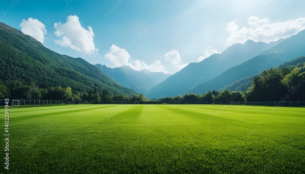 Scenic Soccer Field in Alpine Valley with Mountain Views and Clear Sky, a Sports and Nature Theme Scenic Soccer Field in Alpine Valley with Mountain Views and Clear Sky, a Sports and Nature Theme