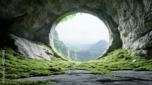 Scenic cave opening leading to lush hills and bright sky, embodying natural serenity.