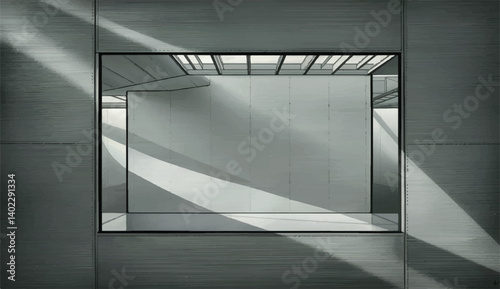 Architectural Void: Framed Concrete Space, Industrial Art, Modern Design, Shadow Play, Metallic Texture, Minimalist Composition

