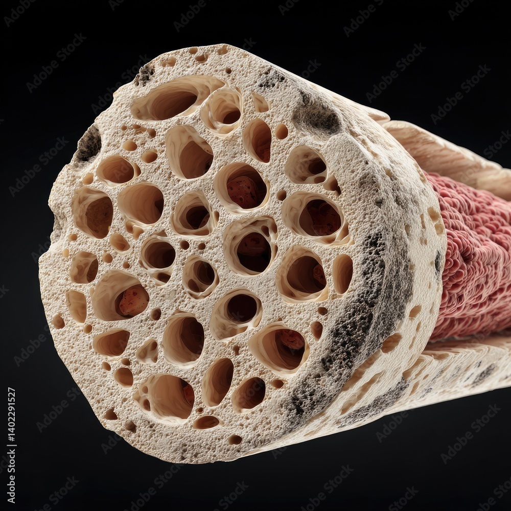 Cross-section of spongy bone tissue. Close-up view reveals intricate, porous structure. Healthy bone density and composition