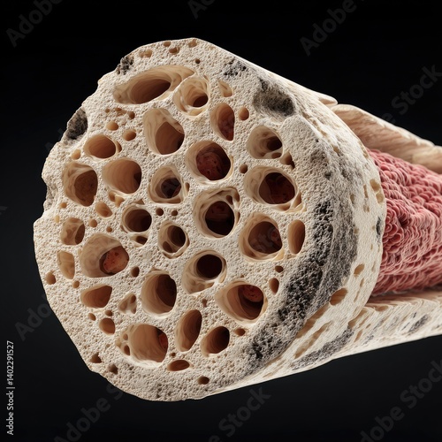 Obraz na płótnie Cross-section of spongy bone tissue. Close-up view reveals intricate, porous structure. Healthy bone density and composition w salonie