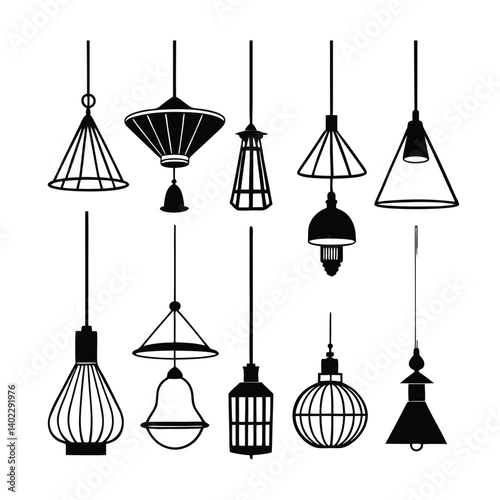 Vector design of a set of lamps with modern electric bulbs and chandelier elements for home decor and interior decoration