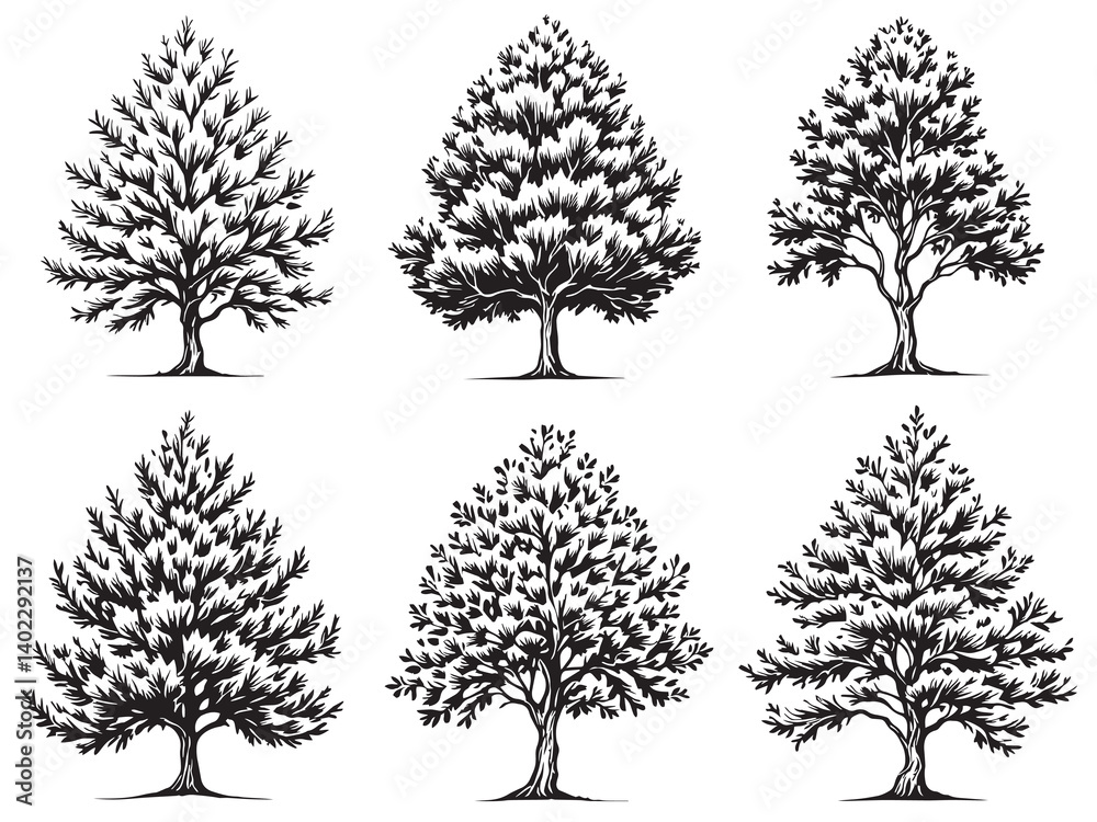 Fototapeta premium Yew Tree Elegant Line Art Set