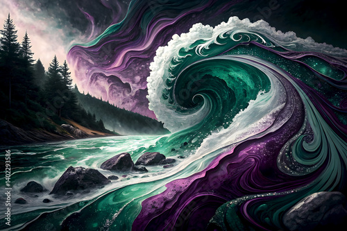 Cosmic Wave Crashing Through Forest Valley