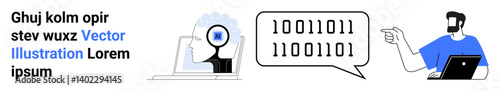 Magnifying glass highlighting AI, programmer analyzing binary code on laptop. Ideal for technology, AI development, data analysis, coding, teamwork, education, flat landing page banner