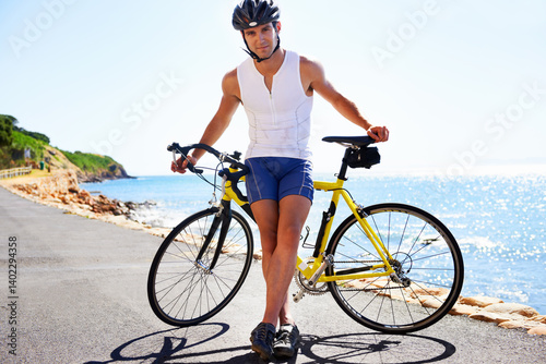 Cycling, street portrait and man on bicycle travel, morning trip or journey for fitness, exercise or workout. Nature break, sports and cyclist on bike for cardio, activity or relax after training