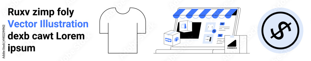 E-commerce platform featuring storefront with blue awning, shipping packages, t-shirt graphic design, and dollar sign. Ideal for online shopping, branding, entrepreneurship, retail, logistics E-commerce platform featuring storefront with blue awning, shipping packages, t-shirt graphic design, and dollar sign. Ideal for online shopping, branding, entrepreneurship, retail, logistics