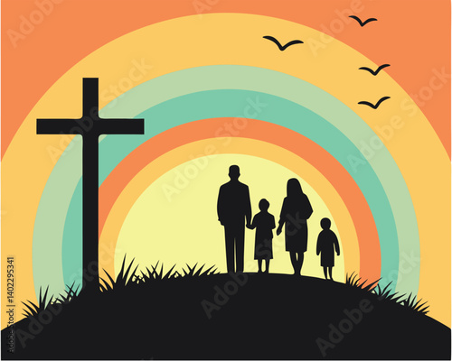 Christian Family Silhouette with Cross and Sunrise Hope Illustration.