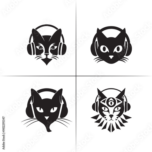 Cool Cat Silhouette with Headphones – Music DJ Pet Vector Art