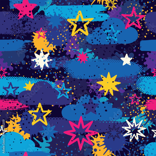 Seamless abstract pattern with colorful stars, clouds, paint splashes, and grunge textures. Funky night sky design for kids and teens. Bright vivid background for textiles, wallpapers