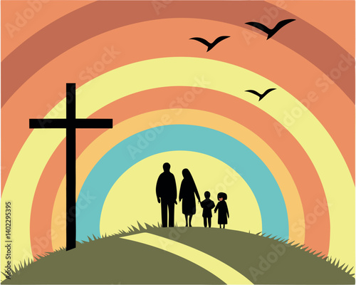 Christian Family Silhouette with Cross and Sunrise Hope Illustration.