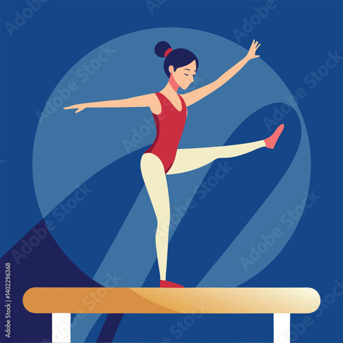Gymnast performing an elegant balance pose on a beam in vector art 