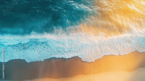 An aerial view of waves crashing on a sandy beach.