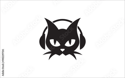 Cool Cat Silhouette with Headphones – Music DJ Pet Vector Art