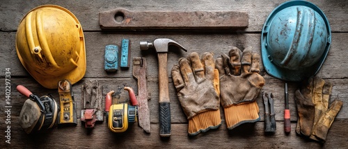 Labor day tools and equipment for diy projects at construction site with hard hats and safety gear photo