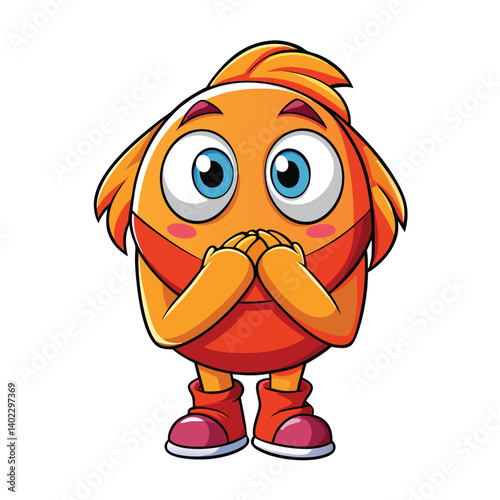 Cute orange character with hands covering mouth, expressing surprise or shyness