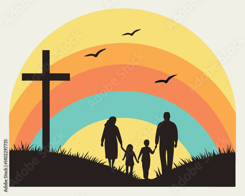 Christian Family Silhouette with Cross and Sunrise Hope Illustration.