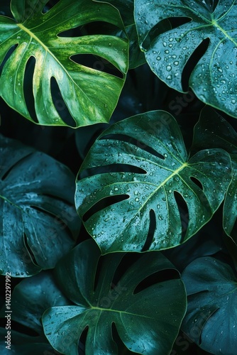 Close-up of tropical monstera leaves with water droplets creating a fresh look