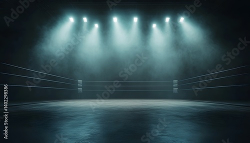 Empty Boxing Ring Arena with Bright Lights and Smoky Background in a Gloomy Dark Hall