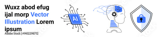 AI microchip, human head with gear and neural network elements, shield with padlock. Ideal for technology, innovation, AI, cybersecurity, data security, machine learning flat landing page banner