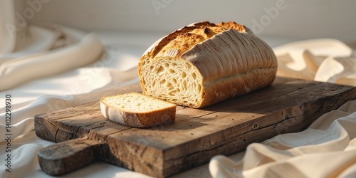 a loaf cheese bread with one slice on a wooden board.