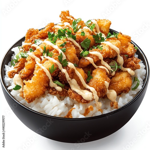 Delicious Crispy Chicken atop fluffy white rice, drizzled with creamy sauce and fresh herbs. A savory delight!
