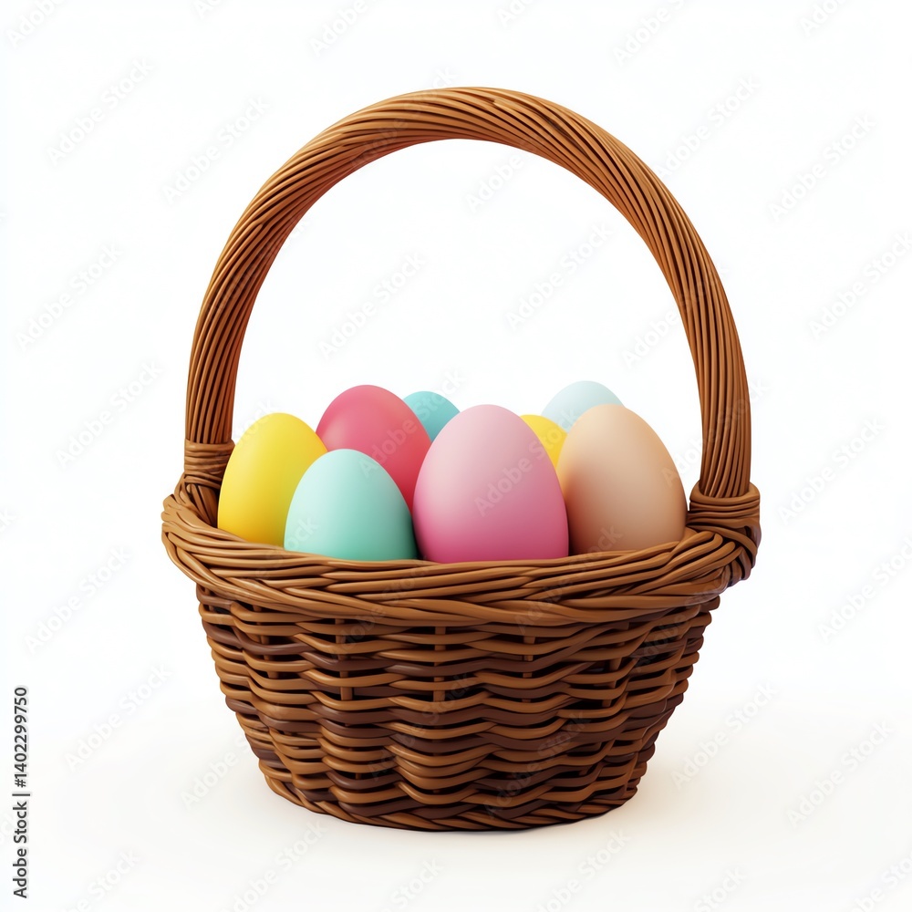 Colorful Easter eggs nestled in a charming wicker basket, a delightful springtime scene.