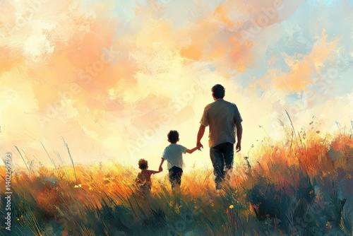 Father and sons walking sunset field holding hands family love nature