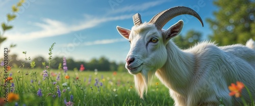 Goat grazing in a lush green meadow under a clear blue sky during a sunny day