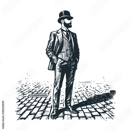 1920s European Gentleman with Pocket Watch - Black and White Vector Illustration