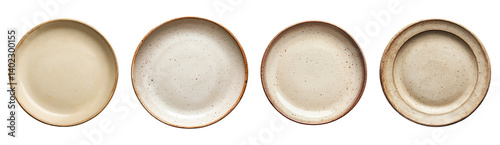 Set of empty beige stoneware dinner plate isolated on transparent background