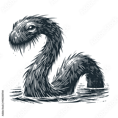 Loch Ness monster Nessie myth creature - black and white vector illustration