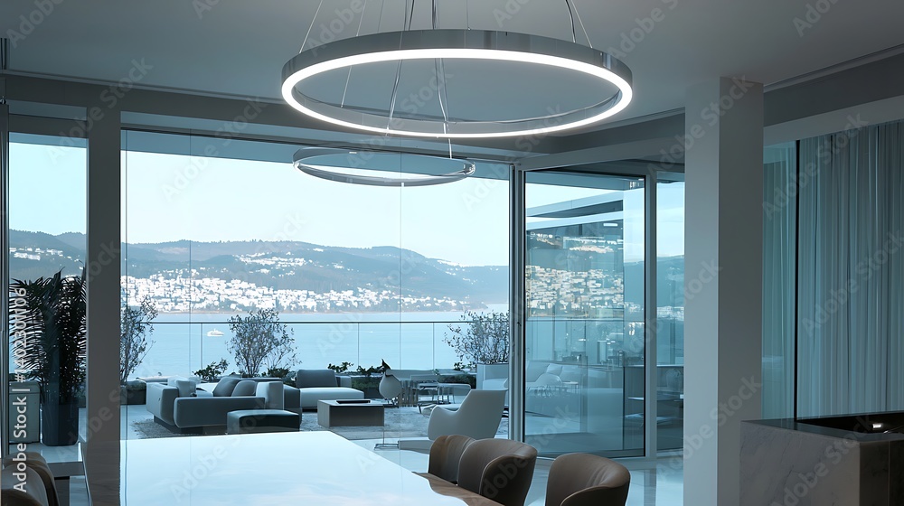 Fototapeta premium A modern circular LED chandelier suspended in a penthouse suite with glass walls and panoramic views