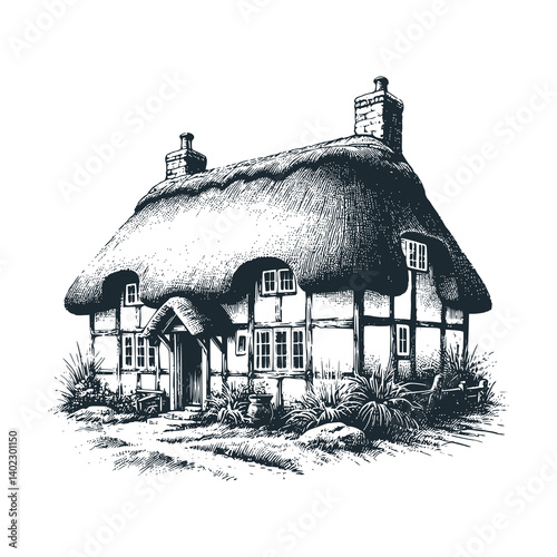 Cottage house with thatched roof - black and white vector illustration