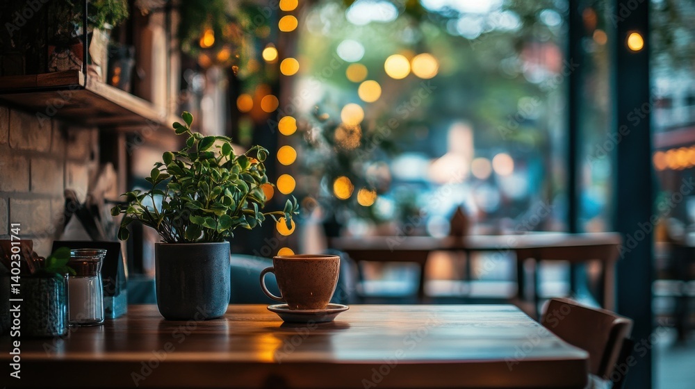 A shelf with plants and coffee equipment in a cafe. A shelf with plants and coffee equipment in a cafe.