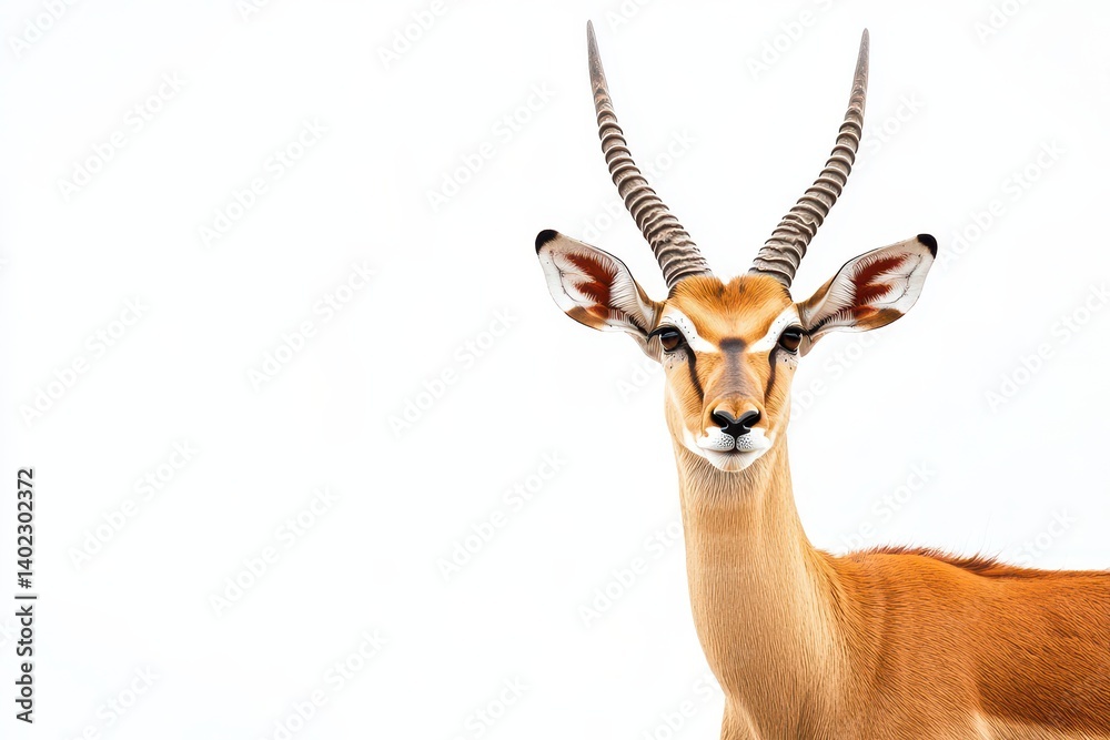 Fototapeta premium Close-up of a graceful antelope with striking horns against a plain white background