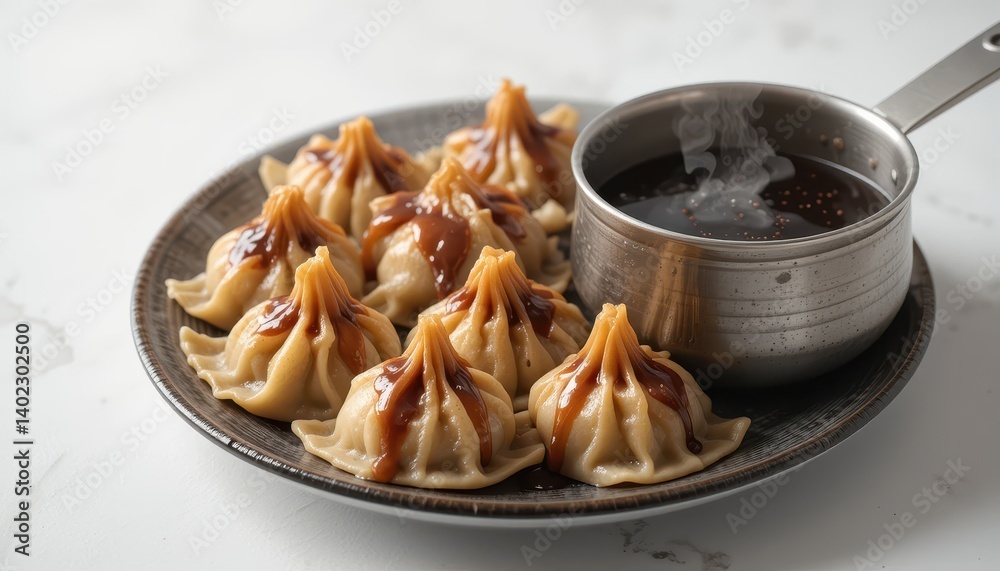 Dumplings with sauce kitchen food photography indoor close-up culinary delight Dumplings with sauce kitchen food photography indoor close-up culinary delight