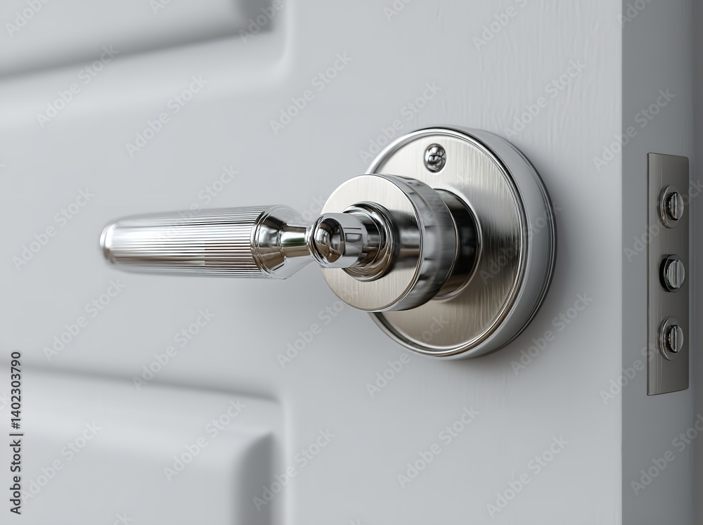 Close-Up of Modern White Door with Sleek Metal Handle and Lock – High-End Home Interior Design Focus Close-Up of Modern White Door with Sleek Metal Handle and Lock – High-End Home Interior Design Focus