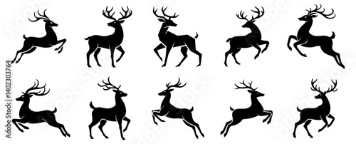 Silhouette of Deer in Various Poses on White Background photo