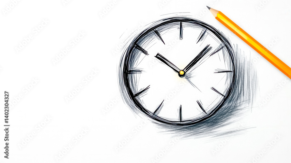 Pencil sketching a clock on white paper symbolizing time management Pencil sketching a clock on white paper symbolizing time management